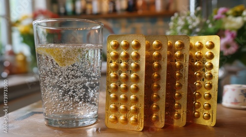 Wallpaper Mural Effervescent Tablets in Gold Foil Packs Next to a Glass of Water Torontodigital.ca