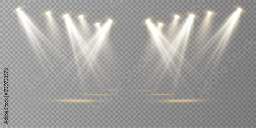 Vector spotlights, bright concert lighting, stage illumination effects. Glowing projector beams, show and event background for design and publishing.	
