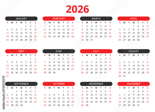 2026 year vector calendar with black red colors (english, week start sunday)