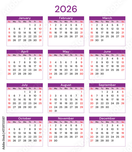 2026 year vector calendar with 12 months frames (english, week start sunday)