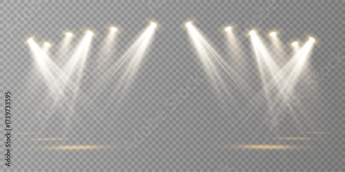 Concert lighting vector, stage projector beams, glowing spotlights. Bright illuminated stage light effects, realistic show illumination for design and web.

