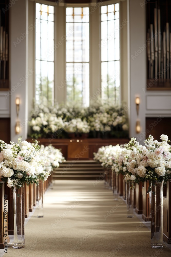 Fototapeta premium A church aisle adorned with elegant floral arrangements.