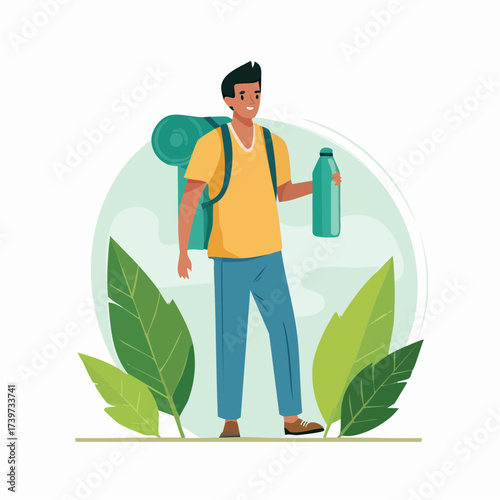 Illustration of a man hiking with a backpack and water bottle in nature.