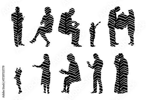 Vector illustration, Outline silhouettes of people, Contour drawing, people silhouette, Icon Set Isolated , Silhouette of sitting people, Architectural set