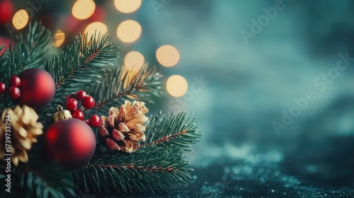 Festive Christmas decorations with pine branch and glowing lights