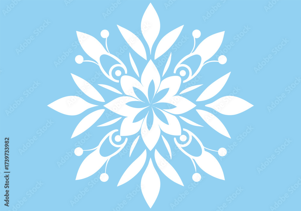 Obraz premium Vector art of beautiful white snowflake ornament with intricate symmetrical patterns on a light blue background, perfect for winter themes