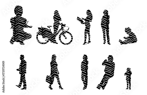 Vector illustration, Outline silhouettes of people, Contour drawing, people silhouette, Icon Set Isolated , Silhouette of sitting people, Architectural set