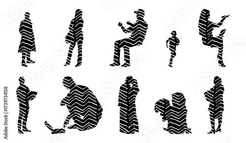 Vector illustration, Outline silhouettes of people, Contour drawing, people silhouette, Icon Set Isolated , Silhouette of sitting people, Architectural set