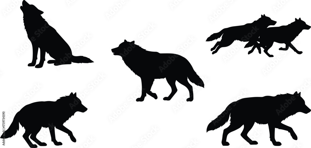 Naklejka premium Wolf silhouette vector illustration, wild animal poses, running wolves, howling wolf, wildlife clipart, black shape, cad drawing flat vector illustration