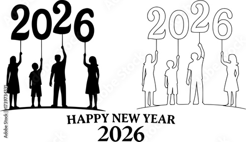 A silhouette of a family joyfully anticipates the arrival of the year 2026, holding balloons that spell out the year, symbolizing hope and new beginnings.