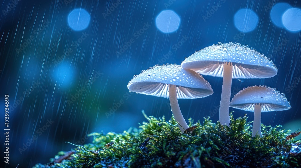 Fototapeta premium Three mushrooms on moss, rain falling, bokeh background, illuminated caps
