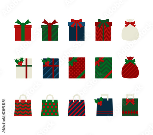 フラットデザインのシンプルなクリスマスラッピングギフトのイラストセット