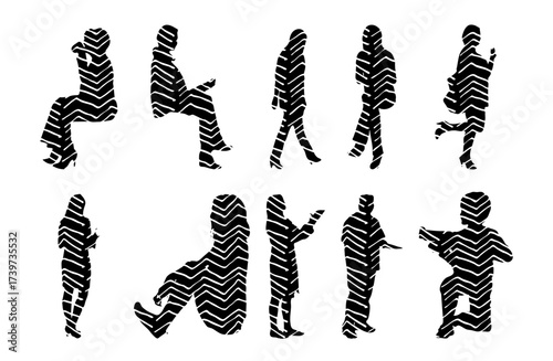 Vector illustration, Outline silhouettes of people, Contour drawing, people silhouette, Icon Set Isolated , Silhouette of sitting people, Architectural set