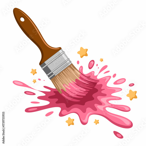 Cartoon paintbrush with pink paint splash and star accents for creative design projects and artistic expressions