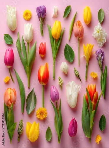 Colorful assortment of tulips and blooms, artfully arranged on a soft pink surface