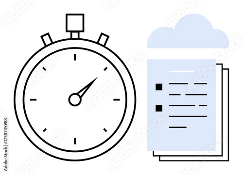 Stopwatch indicating time alongside stacked documents within a cloud icon. Ideal for productivity, planning, efficiency, workflow, digital storage, file sharing, simple flat metaphor