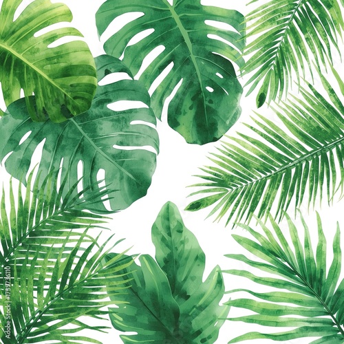 Vibrant watercolor tropical leaves background, bringing a fresh, summery jungle vibe to your designs and adding a touch of nature's beauty