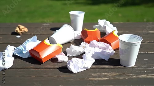 Environmental Pollution Discarded Fast Food Waste Empty Cups and Crumpled Paper Littering a Dirty Park Picnic Table Emphasizing Carelessness