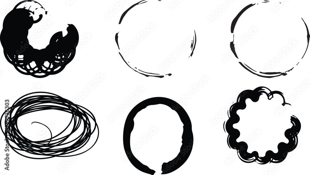 Naklejka premium Collection of Six Black Ink Brush Stroke Circles and Rings