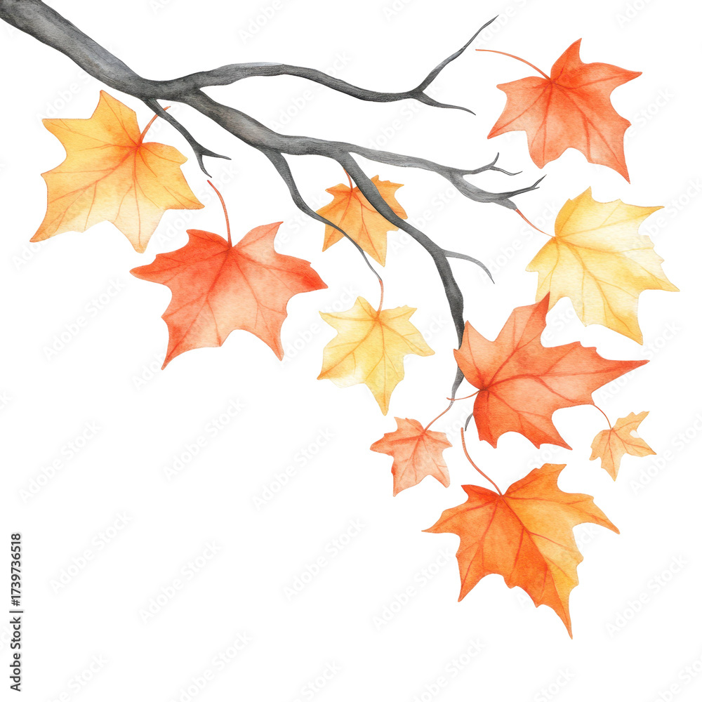 Fototapeta premium Colorful pastel leaves arranged in a cascading pattern on white background, showcasing autumn tones in a soft watercolor style