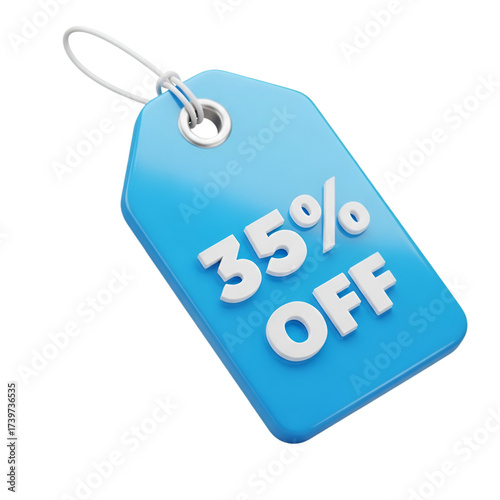 Blue tag with 35 percent off isolated on transparent background