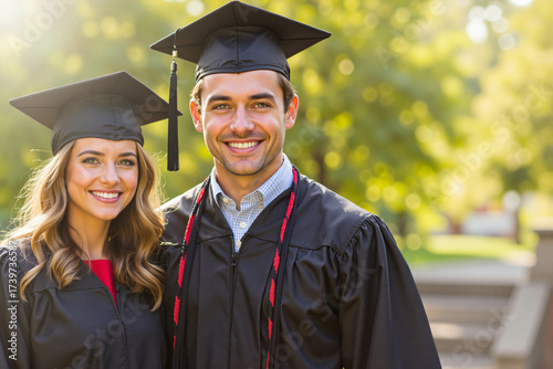 Young man and woman celebrating graduation outdoors in sunlight  