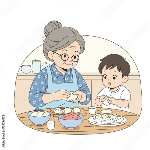 Family activity, grandmother teaching grandchildren to cook, vector illustration