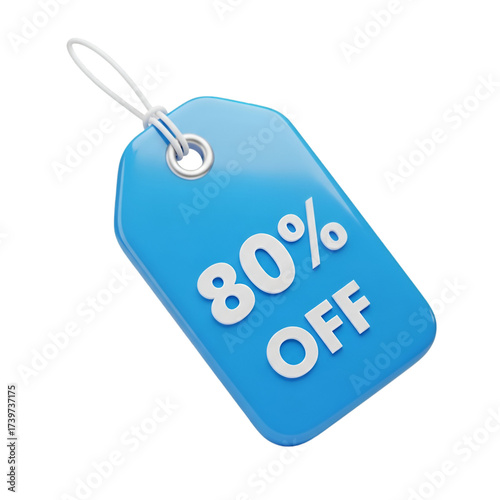 Blue price tag with 80 off text isolated on transparent background