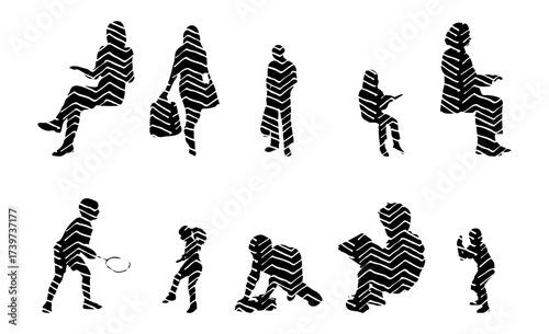 Vector illustration, Outline silhouettes of people, Contour drawing, people silhouette, Icon Set Isolated , Silhouette of sitting people, Architectural set