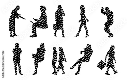 Vector illustration, Outline silhouettes of people, Contour drawing, people silhouette, Icon Set Isolated , Silhouette of sitting people, Architectural set