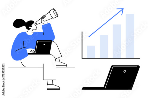 Woman using telescope seated with laptop, bar chart with rising arrow nearby. Ideal for analytics, business, goal setting, success, career growth, future planning strategy. Simple flat metaphor