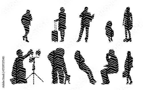 Vector illustration, Outline silhouettes of people, Contour drawing, people silhouette, Icon Set Isolated , Silhouette of sitting people, Architectural set