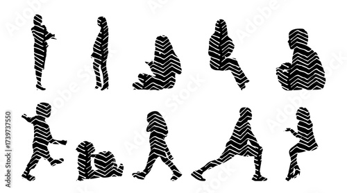 Vector illustration, Outline silhouettes of people, Contour drawing, people silhouette, Icon Set Isolated , Silhouette of sitting people, Architectural set