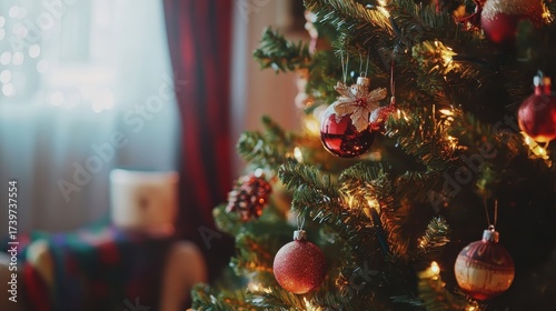 Festive Christmas Tree Adorned with Ornaments and Twinkling Lights