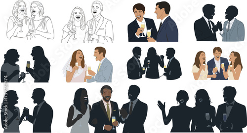 Socializing pairs illustration set, drink celebration, conversation poses, silhouette and color styles, vector design