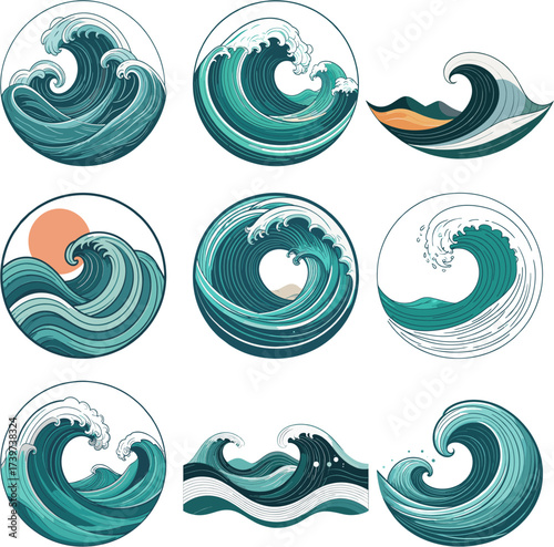 Collection of abstract ocean waves in circular design with Japanese style sea illustration and water movement for nature and marine concept