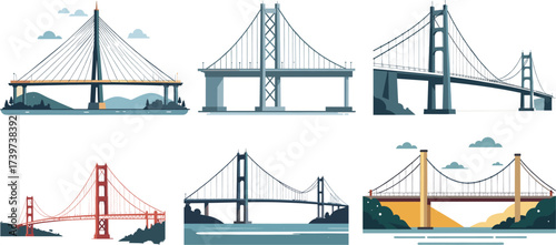 Vector illustration of iconic modern bridges with different architectural designs such as suspension bridge cable stayed bridge and steel bridge in flat design style for transportation infrastructure 