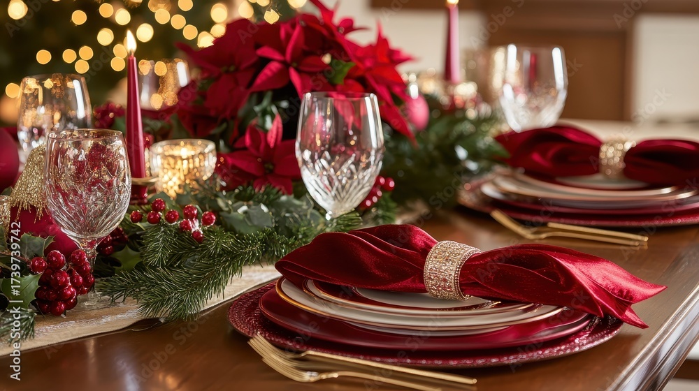 Naklejka premium Elegant festive holiday tablescape with rich colors and decor