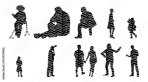 Vector illustration, Outline silhouettes of people, Contour drawing, people silhouette, Icon Set Isolated , Silhouette of sitting people, Architectural set