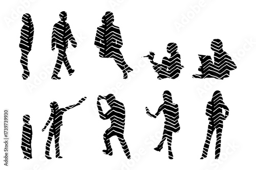 Vector illustration, Outline silhouettes of people, Contour drawing, people silhouette, Icon Set Isolated , Silhouette of sitting people, Architectural set