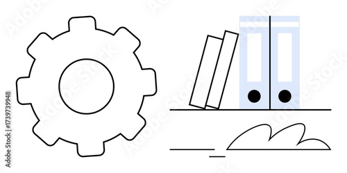Gear alongside neatly arranged books and folders symbolizes organization, workflow, productivity, teamwork, planning, resource management, and optimization. Ideal for business, education innovation