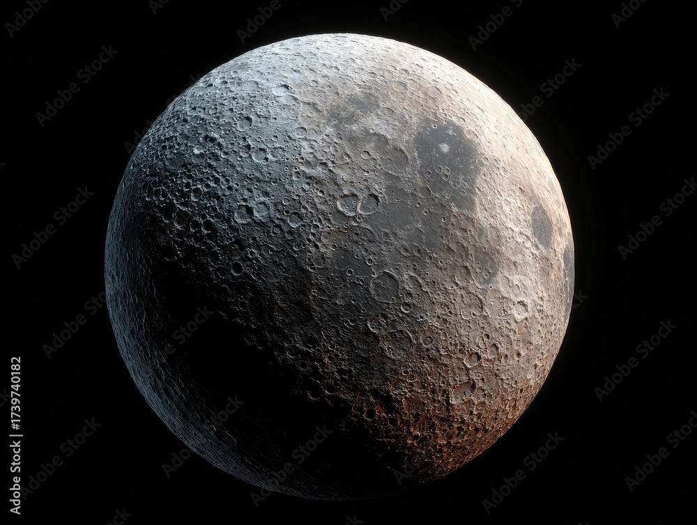 Fototapeta premium A detailed view of the celestial sphere showing lunar surface texture and shadows, against deep space