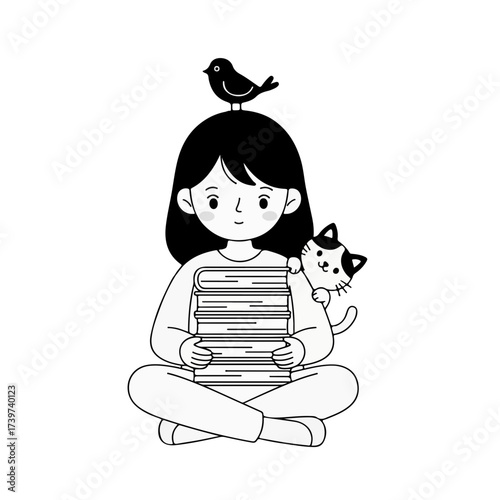Charming illustration of a girl with books, bird, and cat in a whimsical, vector style design