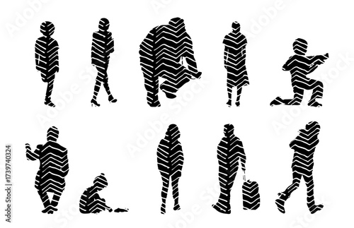 Vector illustration, Outline silhouettes of people, Contour drawing, people silhouette, Icon Set Isolated , Silhouette of sitting people, Architectural set