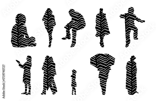 Vector illustration, Outline silhouettes of people, Contour drawing, people silhouette, Icon Set Isolated , Silhouette of sitting people, Architectural set