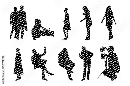 Vector illustration, Outline silhouettes of people, Contour drawing, people silhouette, Icon Set Isolated , Silhouette of sitting people, Architectural set