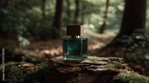Minimalist dark green perfume bottle in a natural forest setting