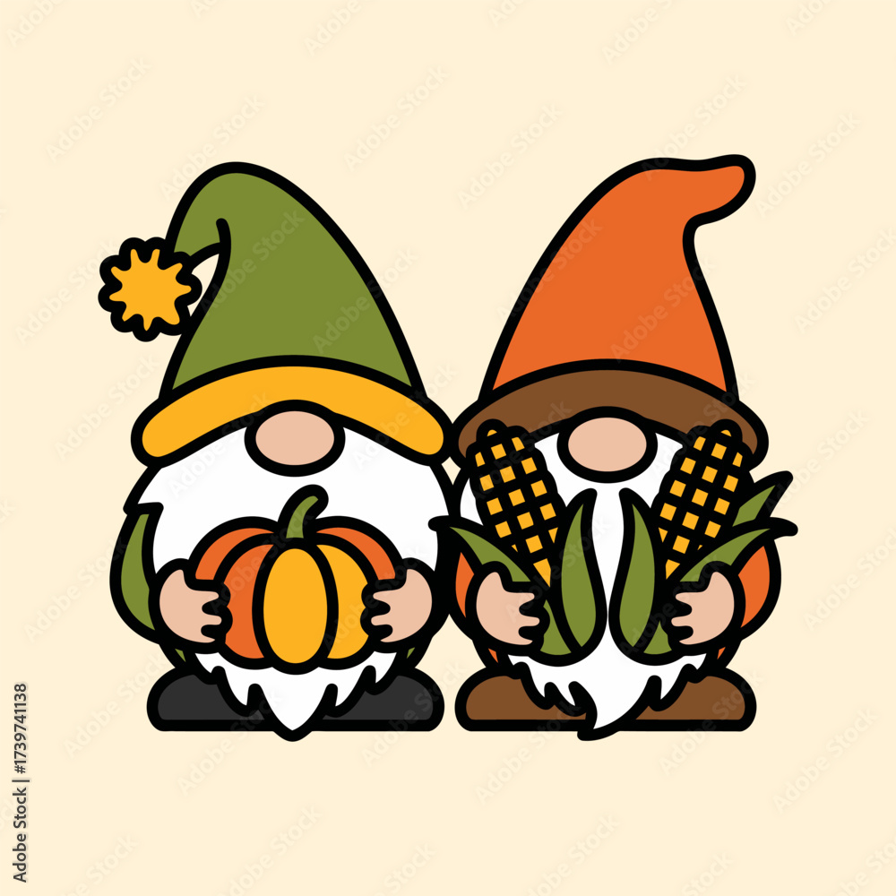 Fototapeta premium Thanksgiving Gnomes with Pumpkin and Corn Illustration