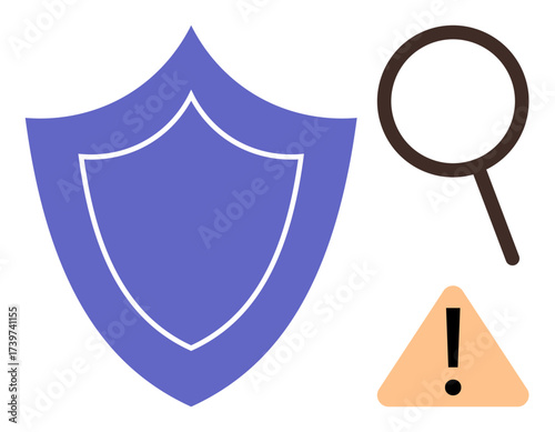 Purple shield, magnifying glass, and yellow warning triangle symbolizing protection, inspection, and alert. Ideal for cybersecurity, safety, threat detection, vigilance problem-solving data