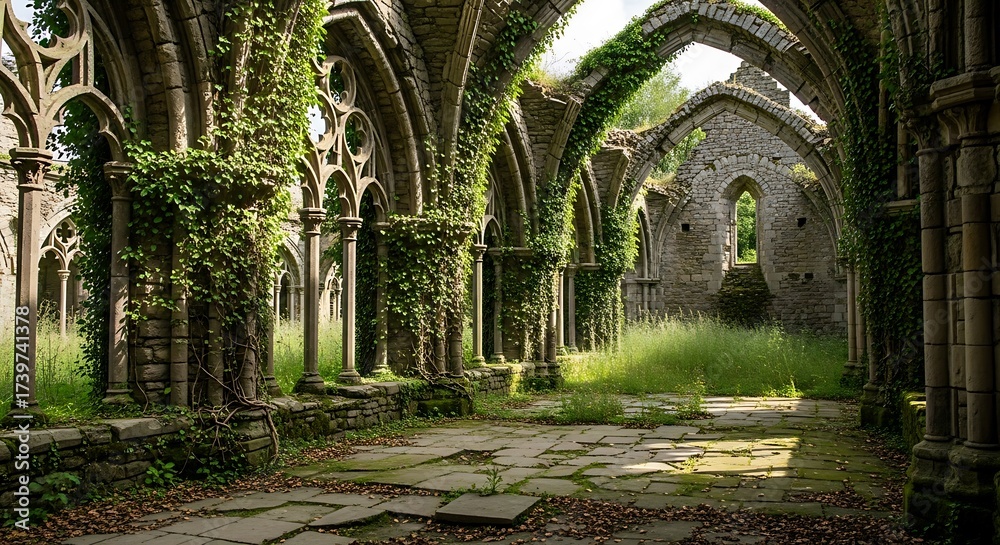 Obraz premium Ancient Gothic Abbey Ruins Overgrown with Lush Greenery and Moss.